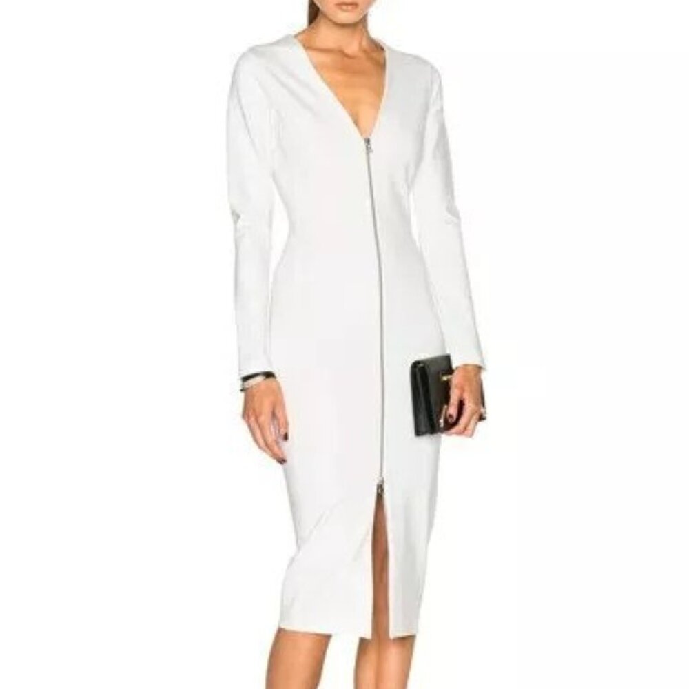 Women Ivory Slit Front V-Neck Dress, US 4